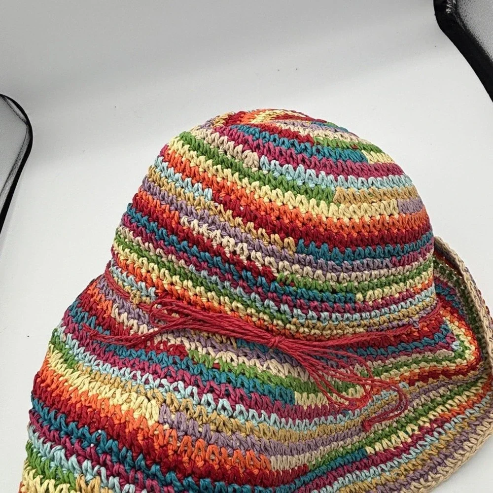 Womens Rainbow Crochet Straw Sun Hat Multicolor Raffia Beach Resort Boho Garden